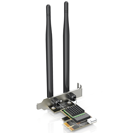 三频6500Mbps Wi-Fi 7 PCIe适配器（支持蓝牙5.4），BE6500台式机无线网卡支持MLO技术，配备2根5dBi天线与散热片，支持MU-MIMO/OFDMA/WPA3（仅支持Windows 11）