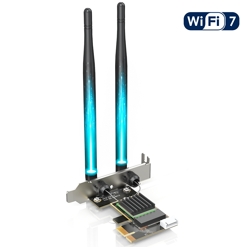 三频6500Mbps Wi-Fi 7 PCIe适配器（支持蓝牙5.4），BE6500台式机无线网卡支持MLO技术，配备2根5dBi天线与散热片，支持MU-MIMO/OFDMA/WPA3（仅支持Windows 11）