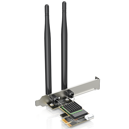 三频6500Mbps WiFi 7 PCIe适配器（内置蓝牙5.4），BE6500台式机无线网卡支持MLO技术，配备2根5dBi天线与散热片，支持MU-MIMO/OFDMA/WPA3，附带半高挡板（仅支持Windows 11）