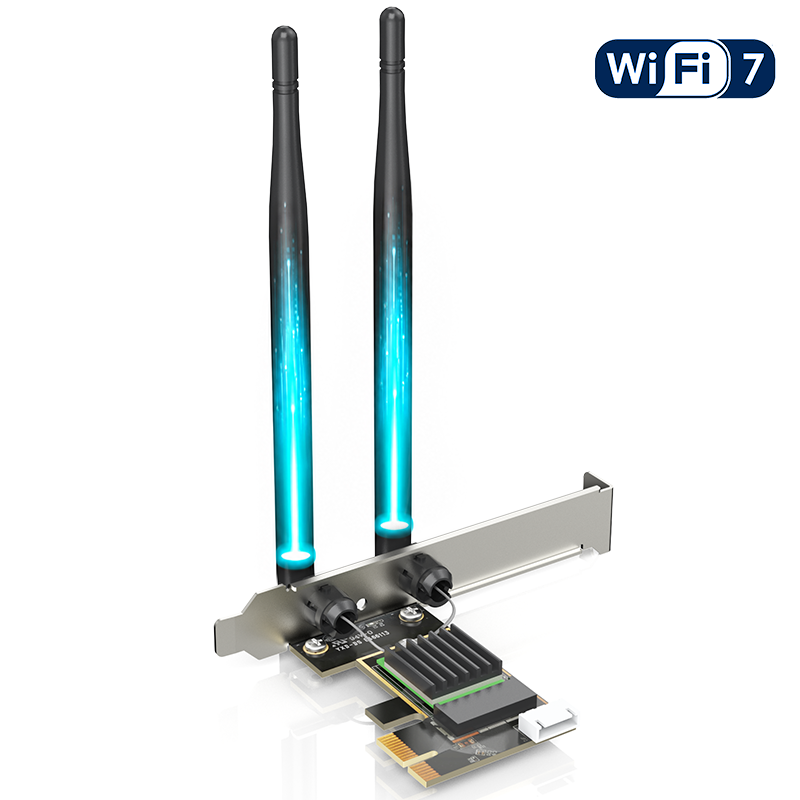 三频6500Mbps WiFi 7 PCIe适配器（内置蓝牙5.4），BE6500台式机无线网卡支持MLO技术，配备2根5dBi天线与散热片，支持MU-MIMO/OFDMA/WPA3，附带半高挡板（仅支持Windows 11）