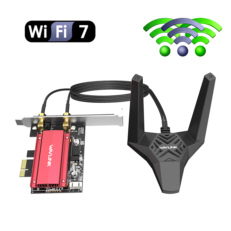 BE6500 WiFi 7 PCIe网卡，三频6500Mbps无线适配器，搭载蓝牙5.4，配备散热片与外置天线，支持MU-MIMO、OFDMA、WPA3，附带半高挡板，仅支持Windows 11系统