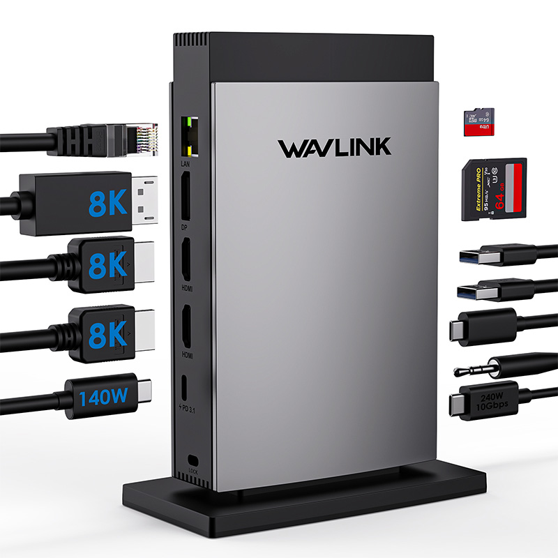 【WAVLINK Selected】PD3.1 Triple Display USB-C Docking Station with 140W PD IN, Supports up to 8K@30Hz/4K@144Hz Single Output, with 2*HDMI + DisplayPort, RJ45, 10G USB-C, 2 USB 3.0, SD/TF Slot, Audio/Mic