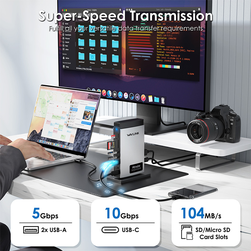 【WAVLINK Selected】PD3.1 Triple Display USB-C Docking Station with 140W PD IN, Supports up to 8K@30Hz/4K@144Hz Single Output, with 2*HDMI + DisplayPort, RJ45, 10G USB-C, 2 USB 3.0, SD/TF Slot, Audio/Mic 4