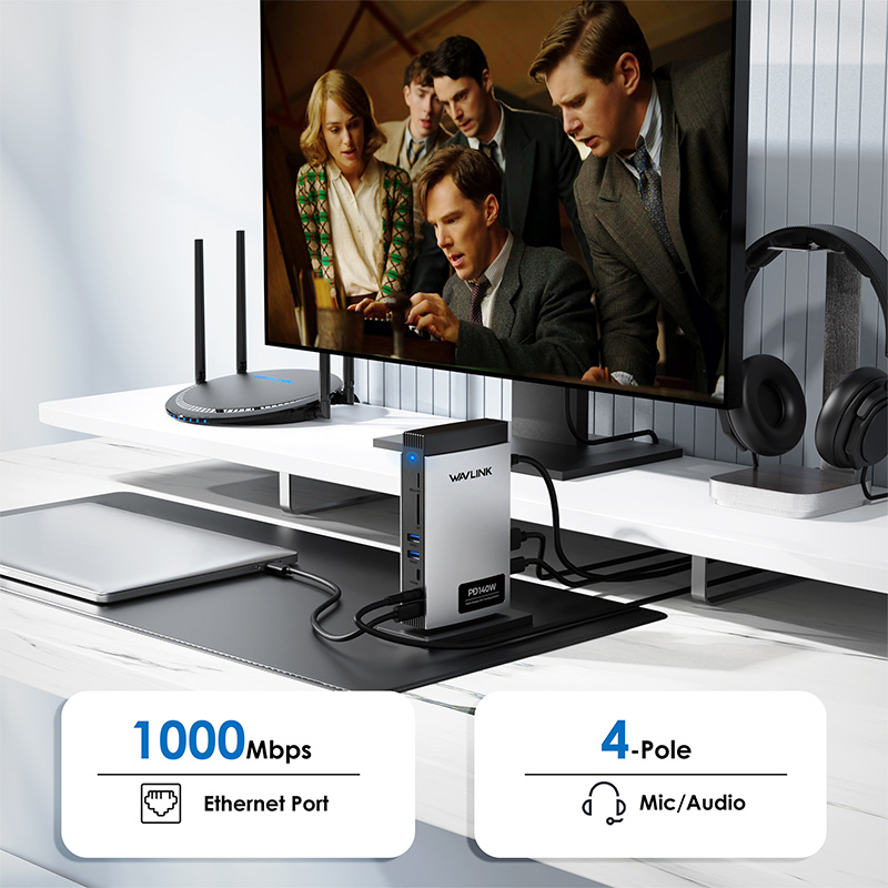 【WAVLINK Selected】PD3.1 Triple Display USB-C Docking Station with 140W PD IN, Supports up to 8K@30Hz/4K@144Hz Single Output, with 2*HDMI + DisplayPort, RJ45, 10G USB-C, 2 USB 3.0, SD/TF Slot, Audio/Mic 5