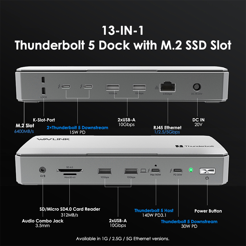 WAVLINK 13-in-1 Thunderbolt 5 Dock: up to 120Gbps, 140W PD 3.1, 6400MB/s M.2 SSD Slot 2