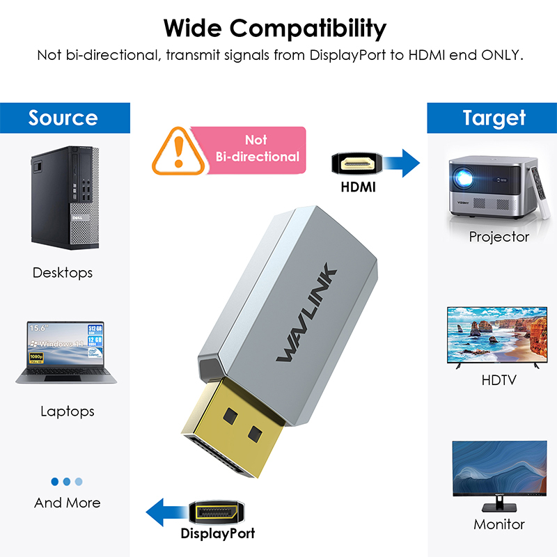 WAVLINK 4K DisplayPort to HDMI Adapter, Uni-Directional DP to HDMI Converter Male to Female, Compact Mini Active Adapter 4K/2K@60Hz, Compatible for AMD, Dell, HP, Lenovo Devices 3