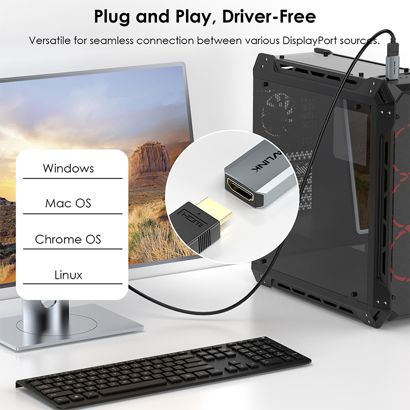 WAVLINK 4K DisplayPort to HDMI Adapter, Uni-Directional DP to HDMI Converter Male to Female, Compact Mini Active Adapter 4K/2K@60Hz, Compatible for AMD, Dell, HP, Lenovo Devices 4