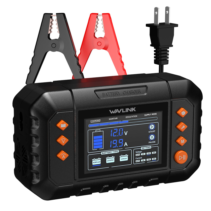 WAVLINK 280W Smart Battery Charger, Max. 20A Trickle Charger with LCD Display, for 6V/12V/24V Lead-Acid/Lithium/LiFePO4 Batteries, Battery Maintainer and Desulfurizer for Cars, Boats, Motorcycles