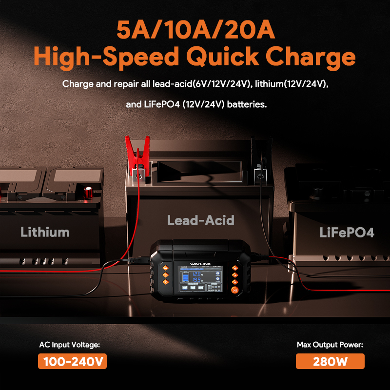 WAVLINK 280W Smart Battery Charger, Max. 20A Trickle Charger with LCD Display, for 6V/12V/24V Lead-Acid/Lithium/LiFePO4 Batteries, Battery Maintainer and Desulfurizer for Cars, Boats, Motorcycles 2