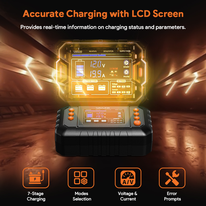 WAVLINK 280W Smart Battery Charger, Max. 20A Trickle Charger with LCD Display, for 6V/12V/24V Lead-Acid/Lithium/LiFePO4 Batteries, Battery Maintainer and Desulfurizer for Cars, Boats, Motorcycles 4