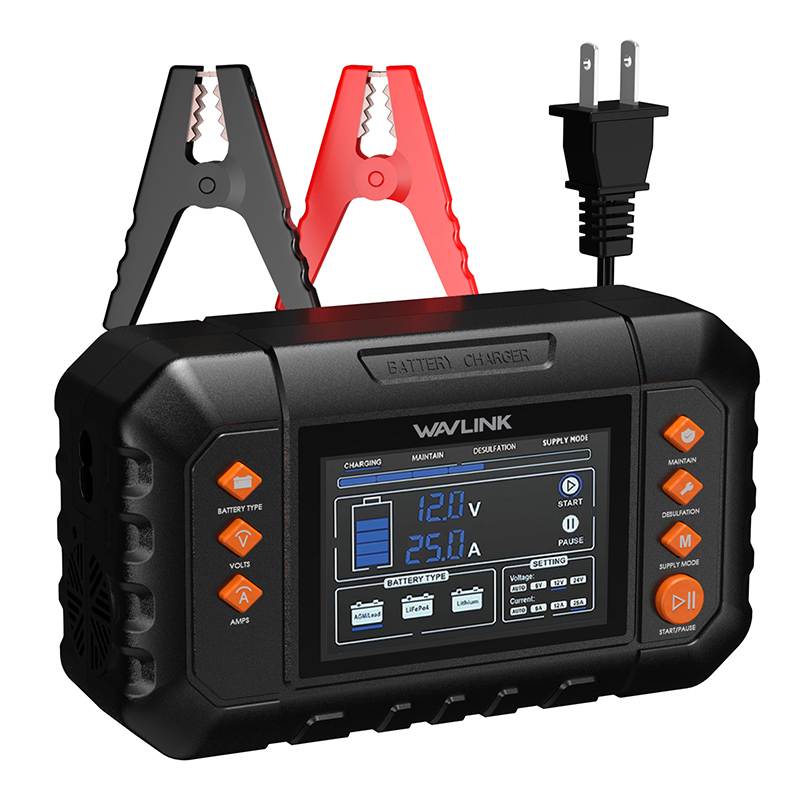 WAVLINK 350W Smart Battery Charger, Max. 25A Trickle Charger with LCD Display, for 6V/12V/24V Lead-Acid/Lithium/LiFePO4 Batteries, Battery Maintainer and Desulfurizer for Cars, Boats, Motorcycles