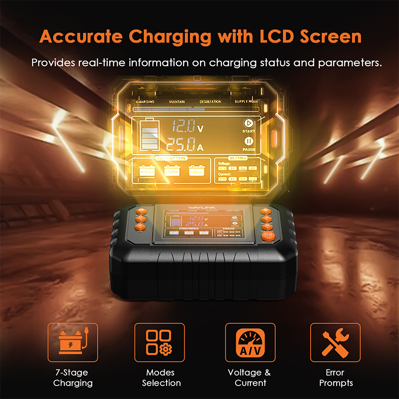 WAVLINK 350W Smart Battery Charger, Max. 25A Trickle Charger with LCD Display, for 6V/12V/24V Lead-Acid/Lithium/LiFePO4 Batteries, Battery Maintainer and Desulfurizer for Cars, Boats, Motorcycles 5