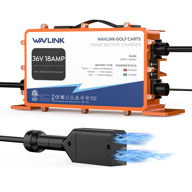 GS950C 36V/18A Golf Cart Smart Charger, 738W Output, IP67 Waterproof, Multi-Battery Compatible, PWM Intelligent Charging