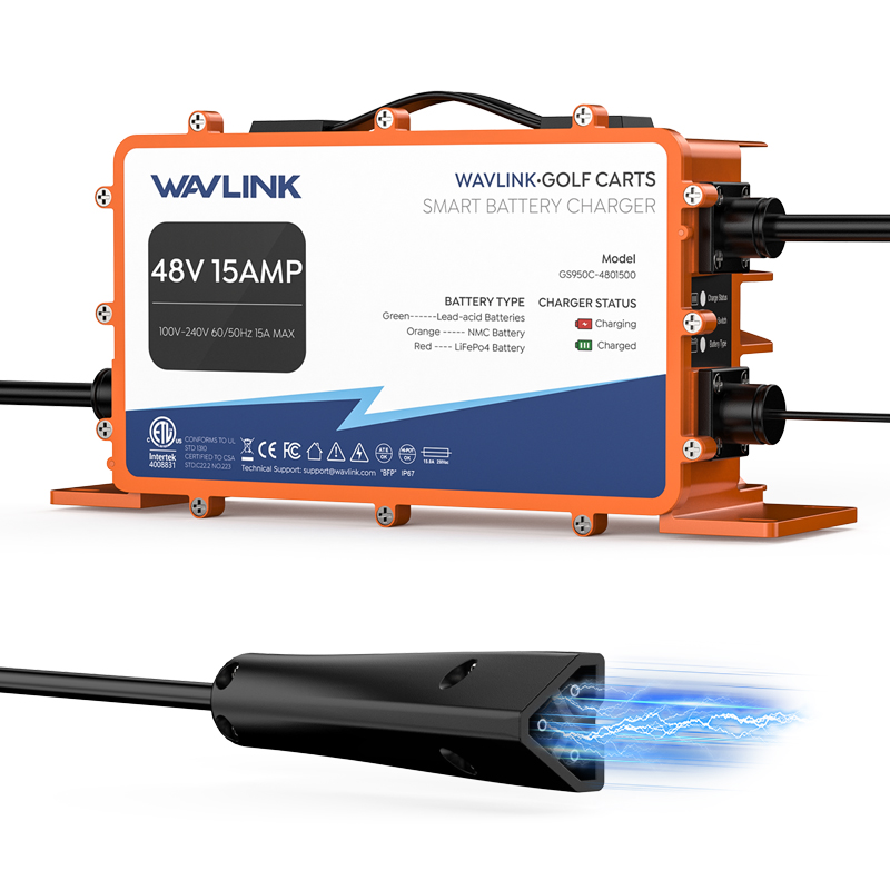 GS950C RXV Plug 48V/15A Golf Cart Smart Charger, 810W Output, IP67 Waterproof, Multi-Battery Compatible, PWM Intelligent Charging