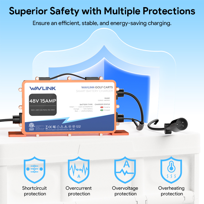 GS950C 48V/15A Golf Cart Smart Charger, 810W Output, IP67 Waterproof, Multi-Battery Compatible, PWM Intelligent Charging 4