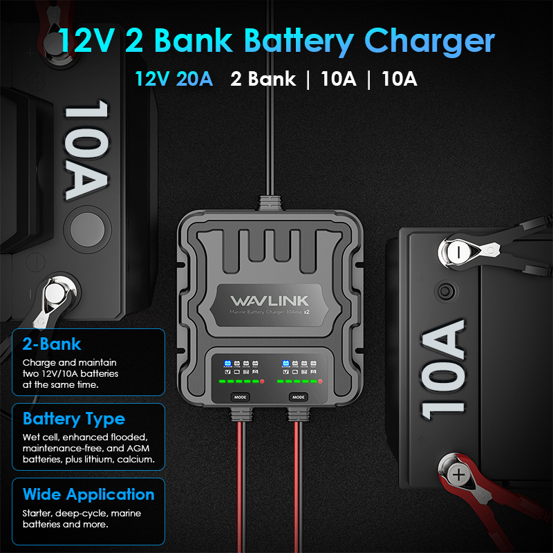 WAVLINK 2 Bank Marine Battery Charger, IP68 Waterproof Onboard Charger, Multi-Stage Charging for SLA/AGM, Lithium(LiFePO4), Calcium Batteries