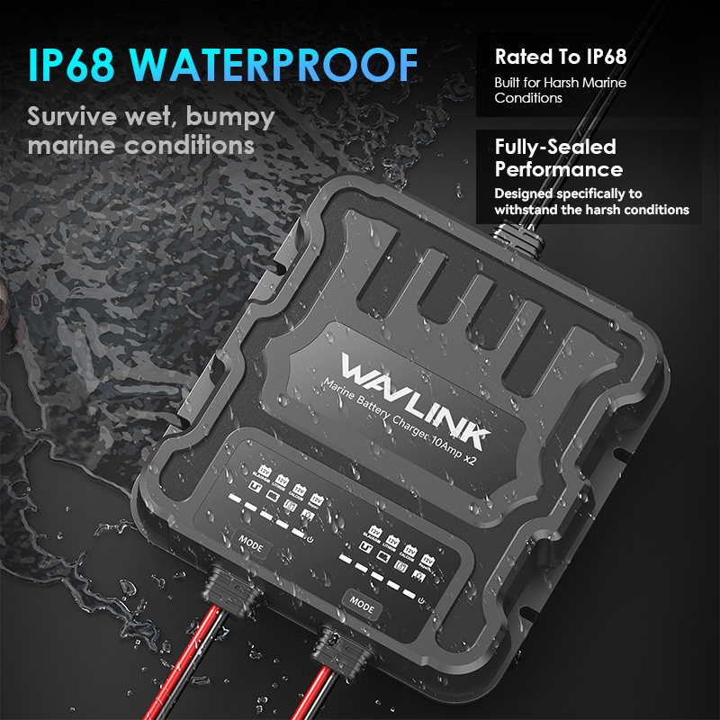 WAVLINK 2 Bank Marine Battery Charger, IP68 Waterproof Onboard Charger, Multi-Stage Charging for SLA/AGM, Lithium(LiFePO4), Calcium Batteries 2