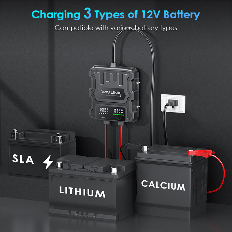 WAVLINK 2 Bank Marine Battery Charger, IP68 Waterproof Onboard Charger, Multi-Stage Charging for SLA/AGM, Lithium(LiFePO4), Calcium Batteries 3