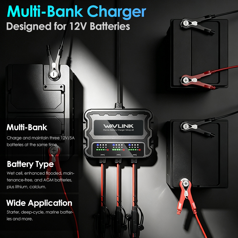WAVLINK 3 Bank Marine Battery Charger, IP68 Waterproof Onboard Charger, Multi-Stage Charging for SLA/AGM, Lithium(LiFePO4), Calcium Batteries