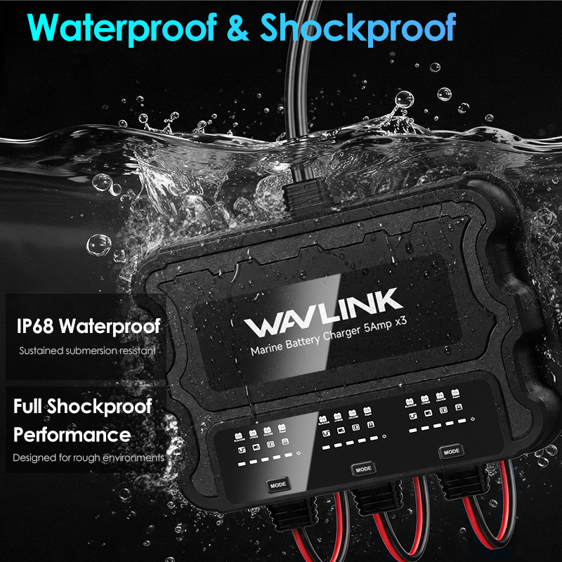 WAVLINK 3 Bank Marine Battery Charger, IP68 Waterproof Onboard Charger, Multi-Stage Charging for SLA/AGM, Lithium(LiFePO4), Calcium Batteries 2