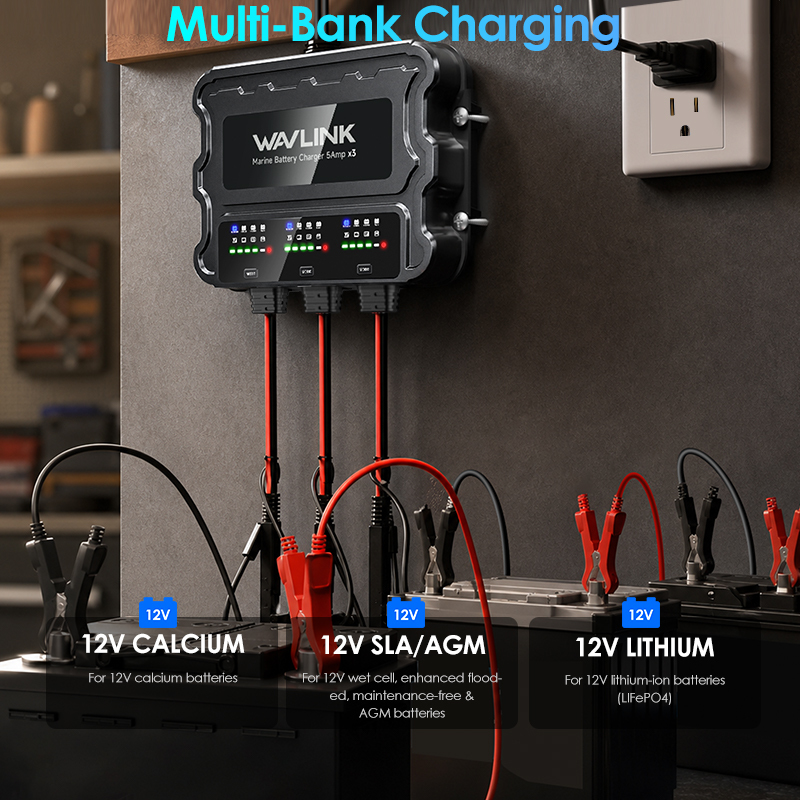 WAVLINK 3 Bank Marine Battery Charger, IP68 Waterproof Onboard Charger, Multi-Stage Charging for SLA/AGM, Lithium(LiFePO4), Calcium Batteries 3
