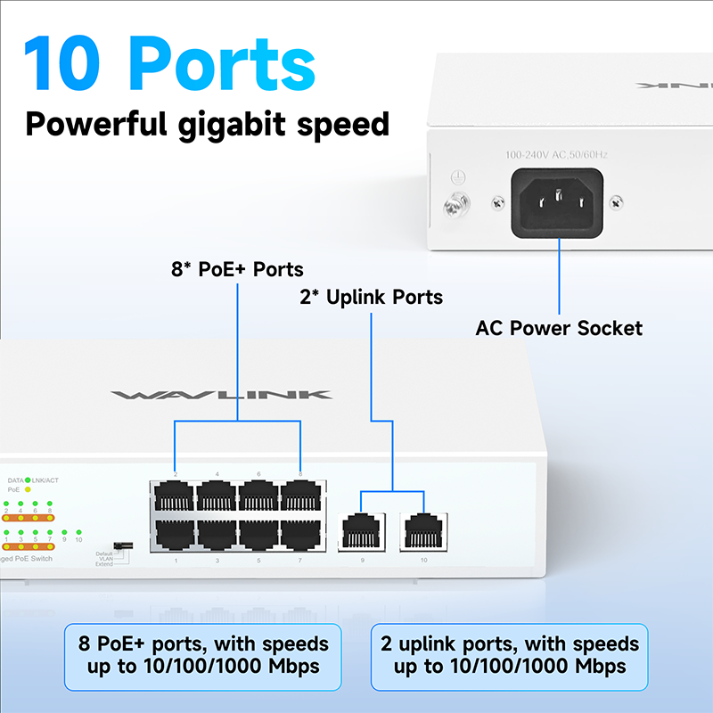 WAVLINK 10 Ports Gigabit Ethernet Switch with 8 PoE Ports, 120W Total PoE+, IEEE 802.3at/af &mdash; Plug and Play, Rack Mounting & Wall Mounting 2