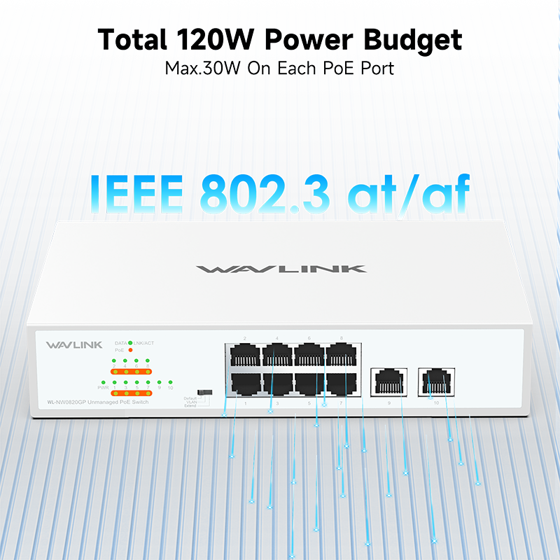 WAVLINK 10 Ports Gigabit Ethernet Switch with 8 PoE Ports, 120W Total PoE+, IEEE 802.3at/af &mdash; Plug and Play, Rack Mounting & Wall Mounting 3