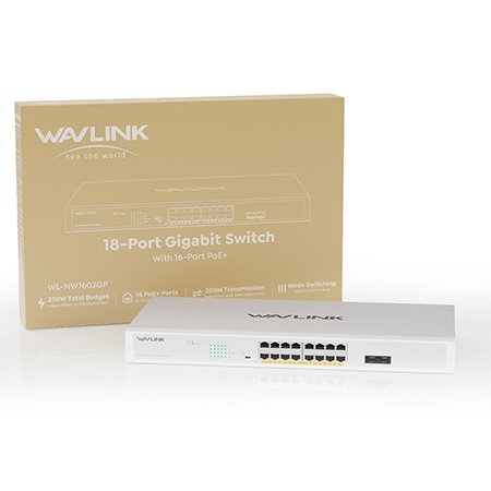 WAVLINK 18 Ports Gigabit Ethernet Switch with 16 PoE Ports, 250W Total PoE+, IEEE 802.3at/af &mdash; Plug and Play, Rack Mounting & Desktop Installation