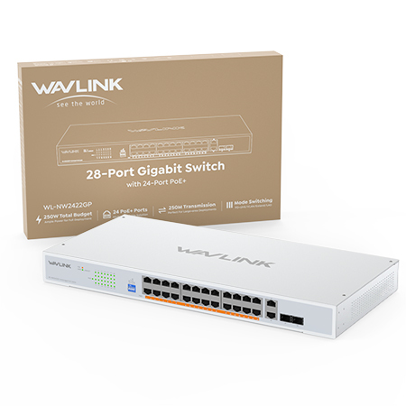 WAVLINK 28 Ports Gigabit Ethernet Switch with 24 PoE Ports, 250W Total PoE+, IEEE 802.3at/af &mdash; Plug and Play, Rack Mounting & Desktop Installation