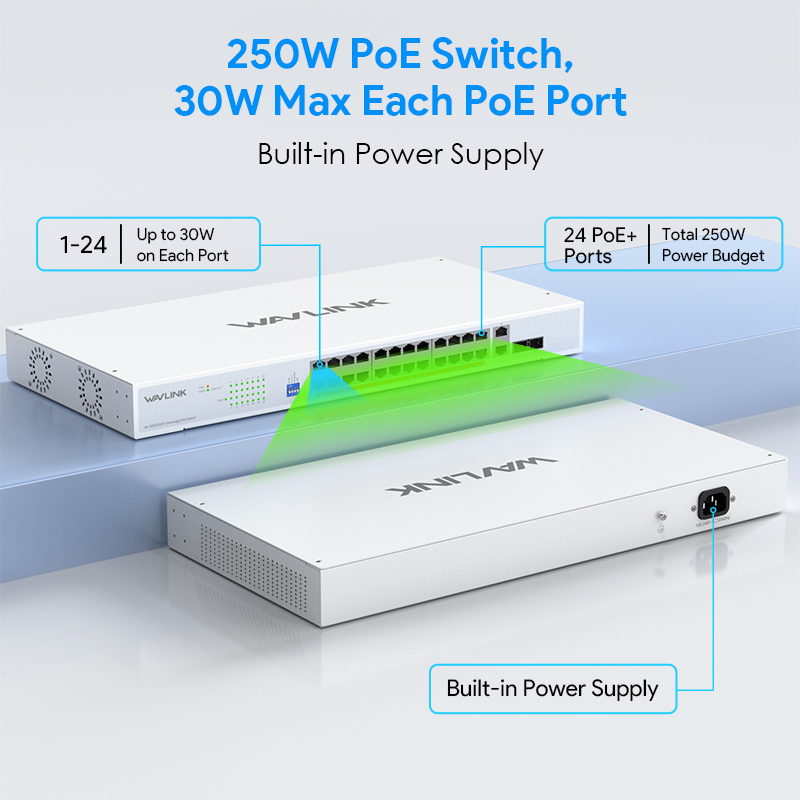 WAVLINK 28 Ports Gigabit Ethernet Switch with 24 PoE Ports, 250W Total PoE+, IEEE 802.3at/af &mdash; Plug and Play, Rack Mounting & Desktop Installation 3