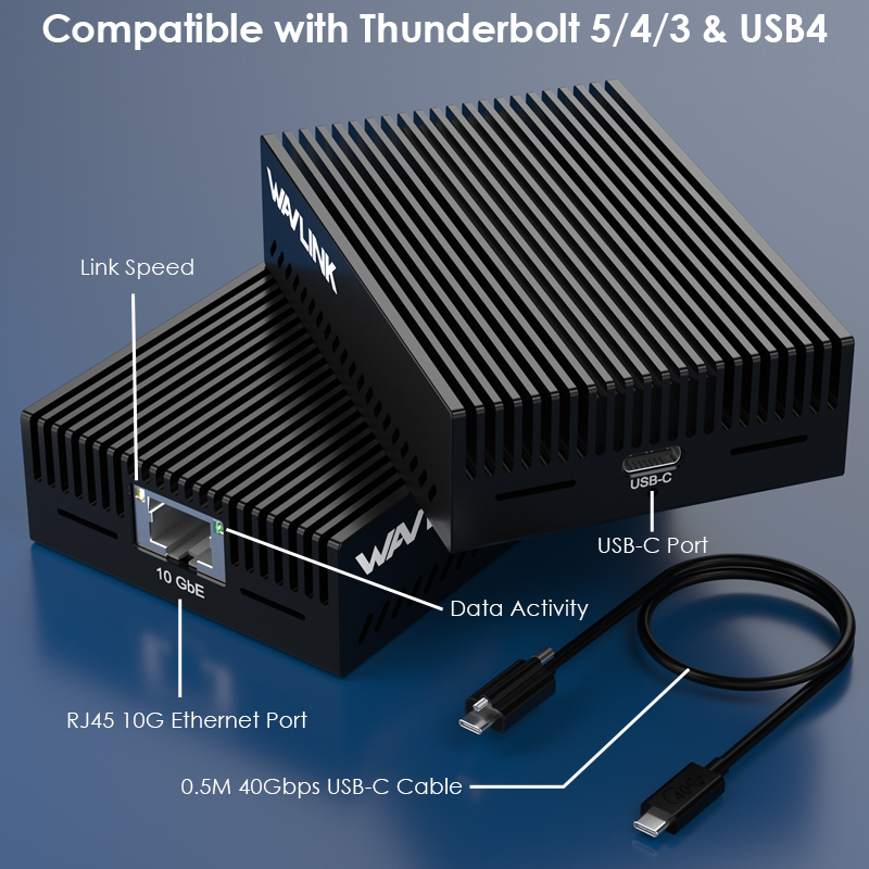WL-NWU342G-black: WAVLINK 10G Ethernet Adapter for Thunderbolt 3/4/5 & USB4, Supports 10G/5G/2.5G/1G/100M/10M Adaptive Speed, Compact Aluminum Design, Includes 40Gbps USB-C Cable, for Mac, Windows, Linux, ChromeOS 2