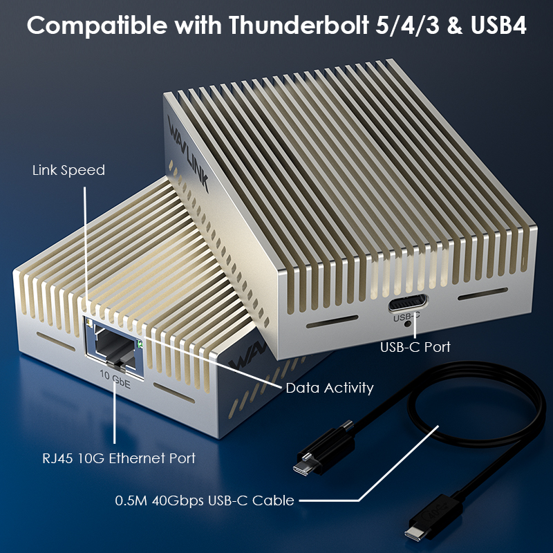 WL-NWU342G-silver: WAVLINK 10G Ethernet Adapter for Thunderbolt 3/4/5 & USB4, Supports 10G/5G/2.5G/1G/100M/10M Adaptive Speed, Compact Aluminum Design, Includes 40Gbps USB-C Cable, for Mac, Windows, Linux, ChromeOS 2