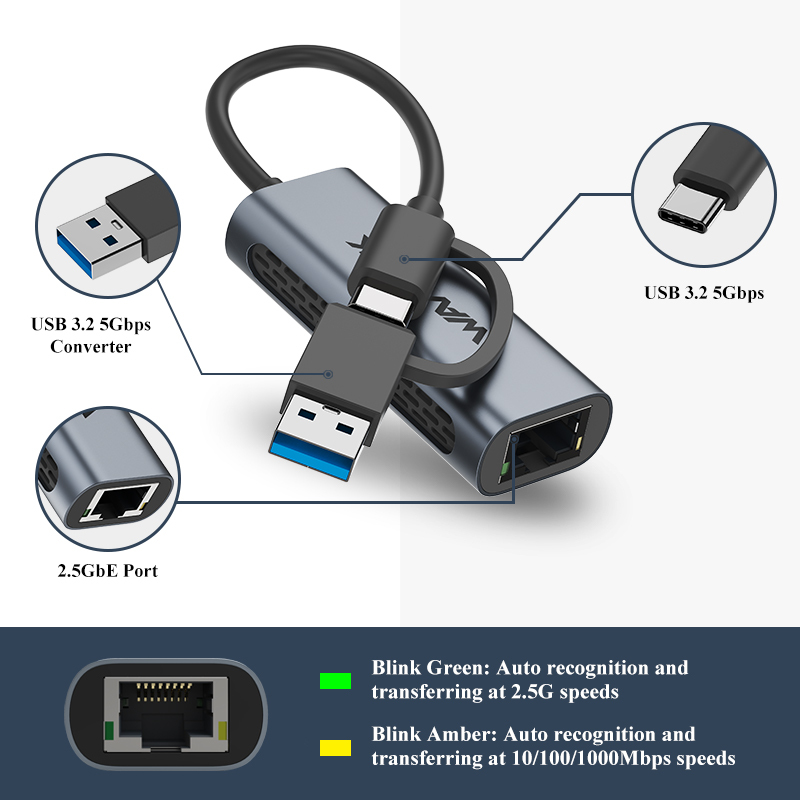 WAVLINK USB3.2 5Gbps Ethernet Adapter, Hybrid 2-in-1 Network Adapter Compatible with USB C/Thunderbolt 3 or USB 3.2 Laptop 2