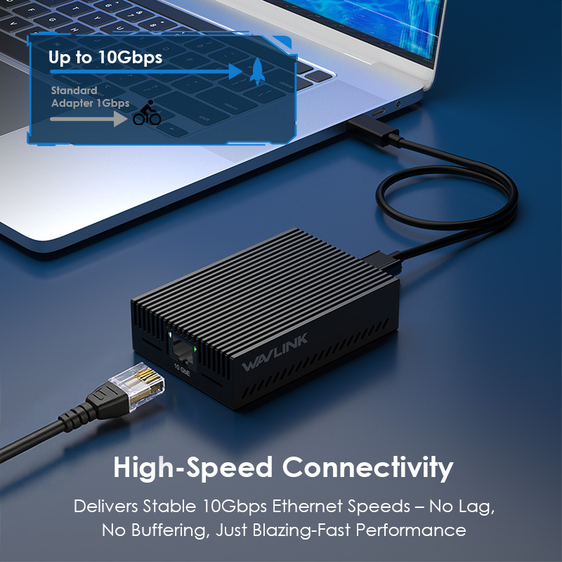 WAVLINK 10G Ethernet Adapter for USB-C (USB 3.2 Gen 2x2), Supports 10G/5G/2.5G/1G/100M/10M Adaptive Speed, Compact Aluminum Design, Includes 20Gbps USB-C Cable, Ideal for Gaming, Streaming, and Working 3