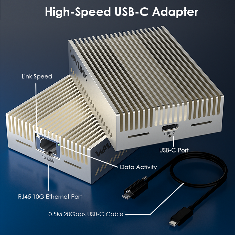 WL-NWU343G-silver: WAVLINK 10G Ethernet Adapter for USB-C (USB 3.2 Gen 2x2), Supports 10G/5G/2.5G/1G/100M/10M Adaptive Speed, Compact Aluminum Design, Includes 20Gbps USB-C Cable, Ideal for Gaming, Streaming, and Working 2
