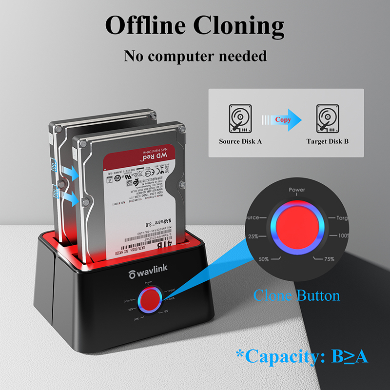 WL-ST334UA(Red): WAVLINK External Hard Drive Docking Station, Dual Bay, USB 3.0 to SATA I/II/III, Supports 2.5/3.5" HDD/SSD and Offline Cloning
