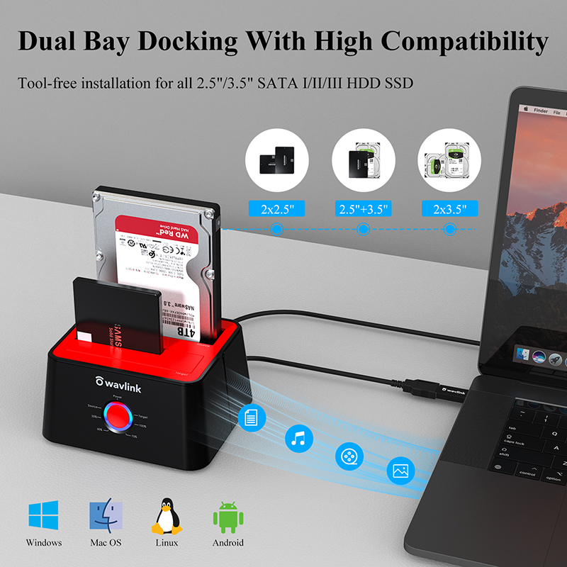 WL-ST334UA(Red): WAVLINK External Hard Drive Docking Station, Dual Bay, USB 3.0 to SATA I/II/III, Supports 2.5/3.5" HDD/SSD and Offline Cloning 2