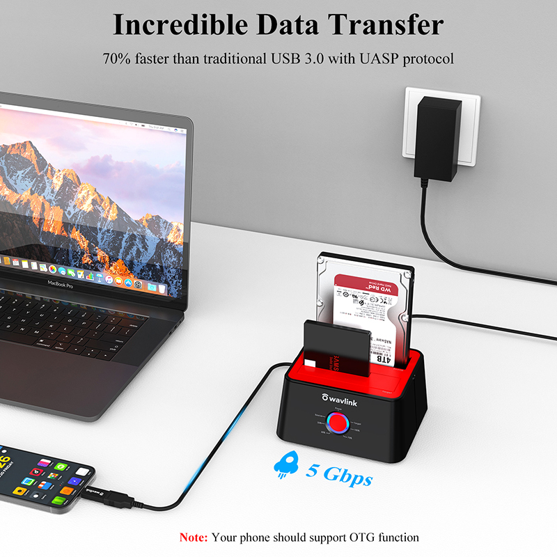 WL-ST334UA(Red): WAVLINK External Hard Drive Docking Station, Dual Bay, USB 3.0 to SATA I/II/III, Supports 2.5/3.5" HDD/SSD and Offline Cloning 3