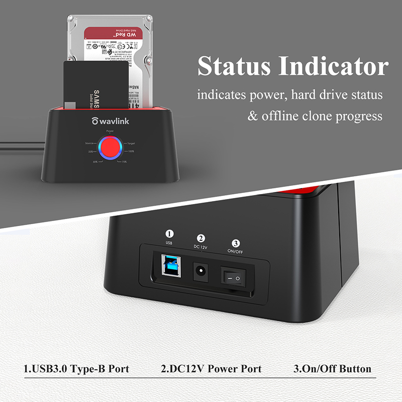 WL-ST334UA(Red): WAVLINK External Hard Drive Docking Station, Dual Bay, USB 3.0 to SATA I/II/III, Supports 2.5/3.5" HDD/SSD and Offline Cloning 5