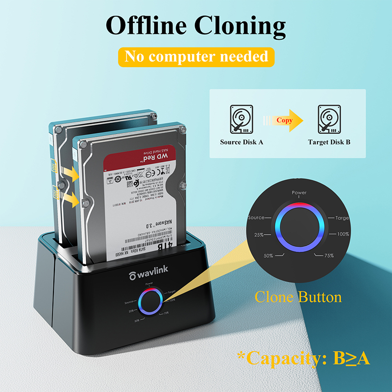 WAVLINK External Hard Drive Docking Station, Dual Bay, USB 3.0 to SATA I/II/III, Supports 2.5/3.5" HDD/SSD and Offline Cloning