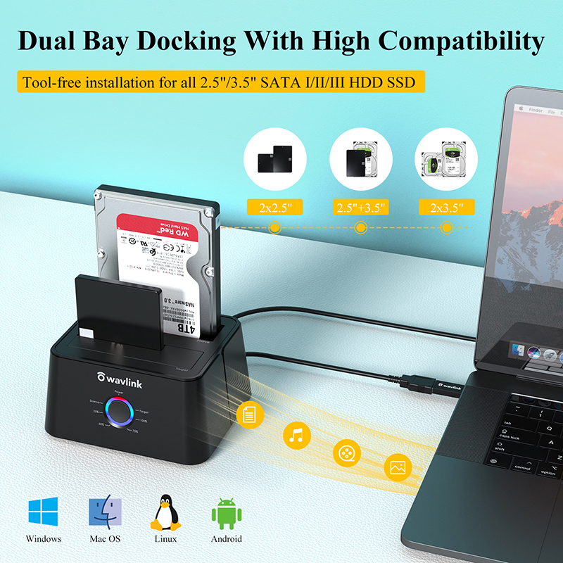 WAVLINK External Hard Drive Docking Station, Dual Bay, USB 3.0 to SATA I/II/III, Supports 2.5/3.5" HDD/SSD and Offline Cloning 2