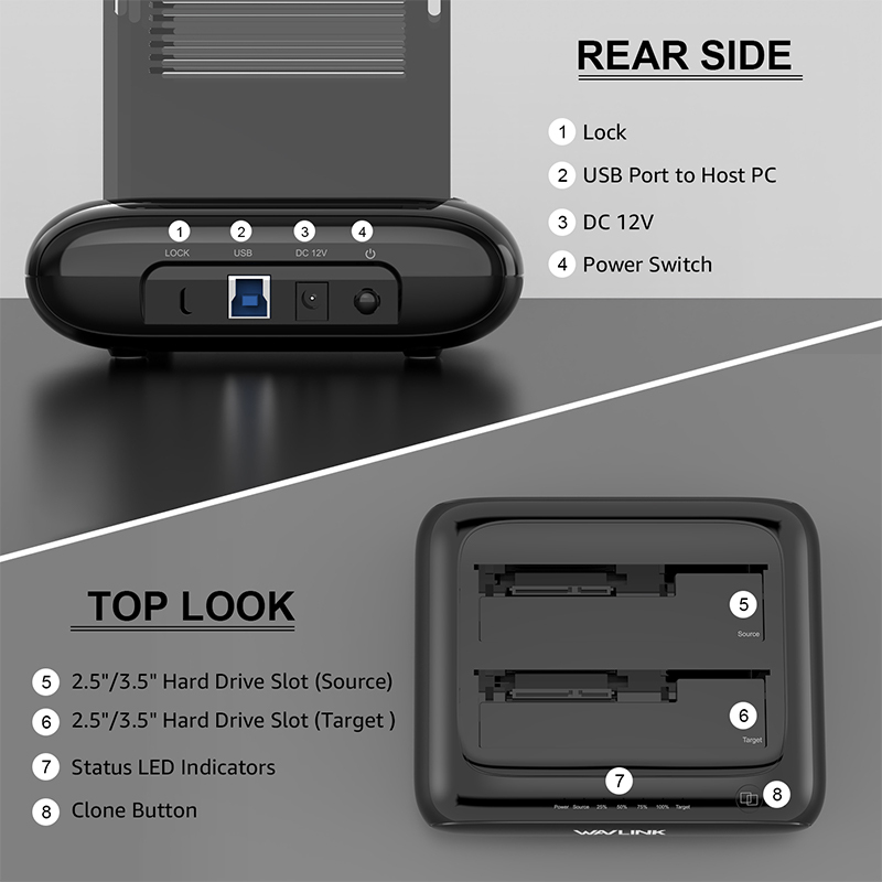 Dual Bay External Hard Drive Docking Station, USB 3.0 to SATA I/II/III for 2.5 or 3.5" HDD/SSD with Offline Clone 2