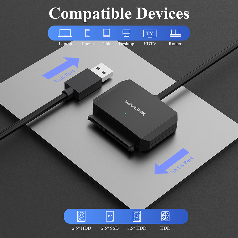 Wavlink USB-A to SATA III Converter- 6Gbps Max Transfer Speed with SATA 3.0 Interface, Plug-and-Play, No Driver Required, Safe & Stable Performance, Compatible with 2.5"/3.5" HDD/SSD for Laptop, Desktop, PC, Mac