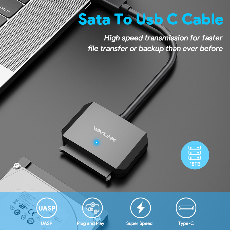 WAVLINK USB C to SATA III Hard Drive Adapter Cable, SATA to USB C 5Gbps Converter, External Hard Drive Connector for 2.5"/3.5" HDD/SSD, Power Adapter Included 2