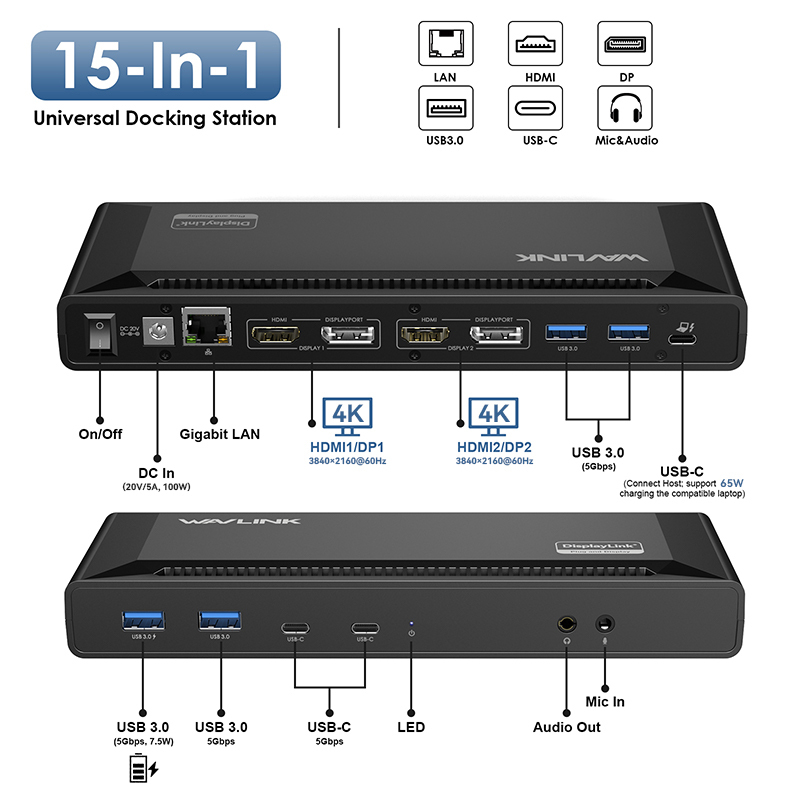 WL-UG63PD2: WAVLINK Single 4K Docking Station(15-In-1), USB A/USB C Universal Laptop Dock Dual Monitors with 2xHDMI/DisplayPort, PD65W Charging, 6xUSB3.0 for Mac(Intel/M1/M2/M3/M4/M5) Lenovo Dell HP Asus Laptops 2