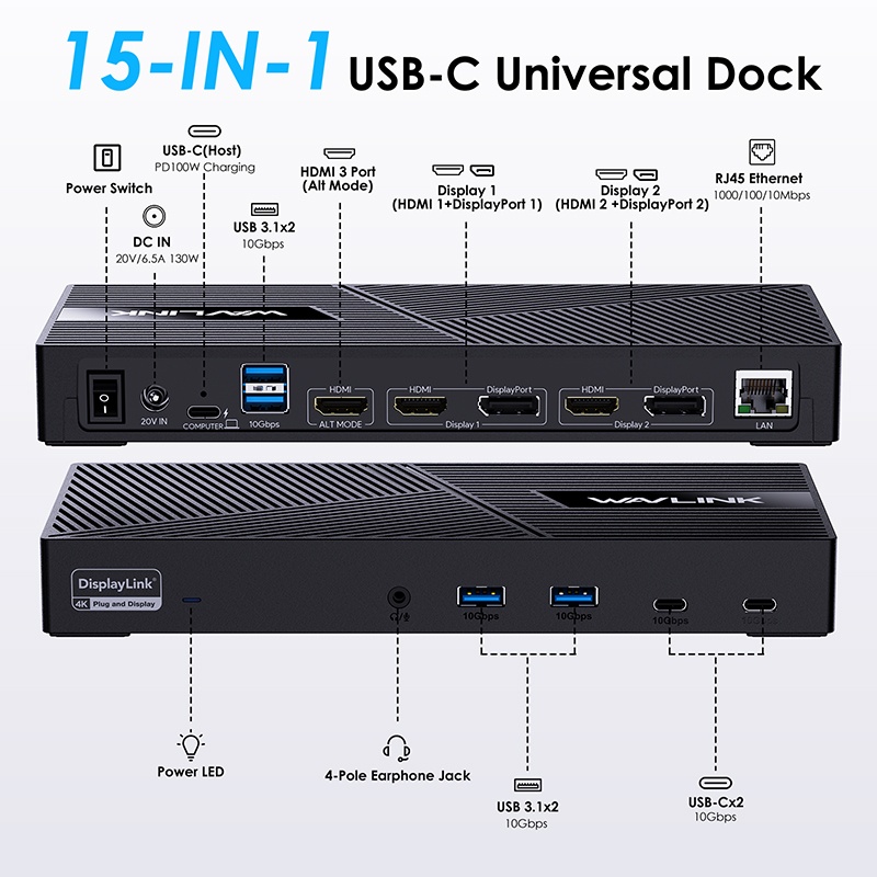 Wavlink Triple Display Universal Docking Station, 15-in-1 USB-C