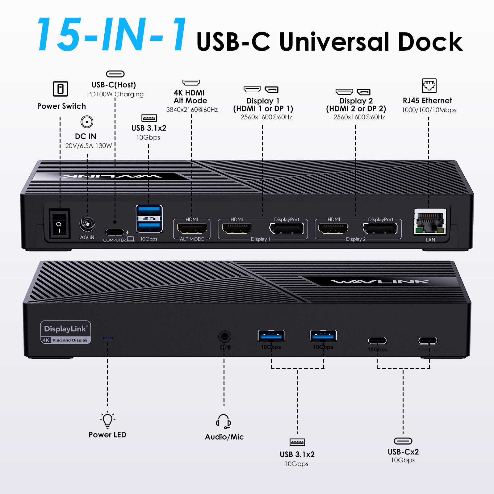 Wavlink Triple Display Universal Docking Station, 15-in-1 USB-C Dock for Intel/M1/M2-Mac/Dell/Asus with 100W Laptop Charging, 1x4K-HDMI, 2xHDMI&DP, 2xUSB-C, 4xUSB-A, 1xGigabit Ethernet, 1xAudio&Mic 4