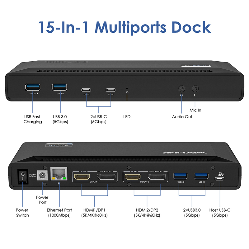 Wavlink USB-C Dual HDMI or DisplayPort Display 4K@60Hz 13-in-1 Universal Docking Station with 100W Power Delivery 2