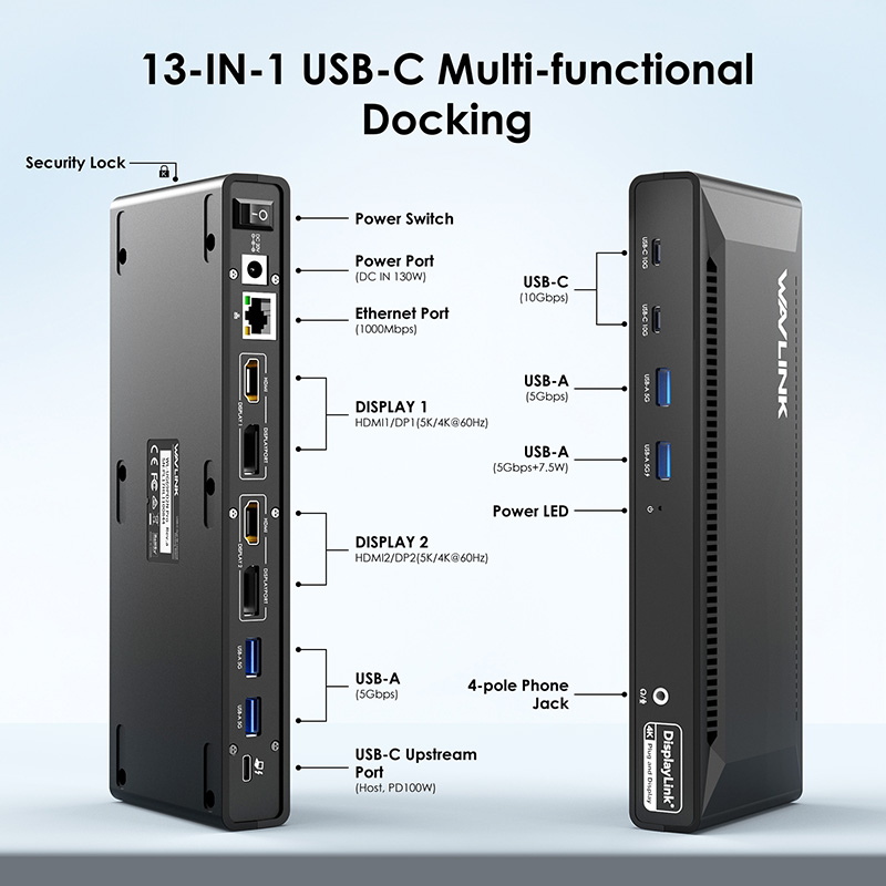 USB-C Dual 5K DisplayLink Universal Docking Station, 13-in-1 Docking with 100W Charging, for Windows/macOS 2