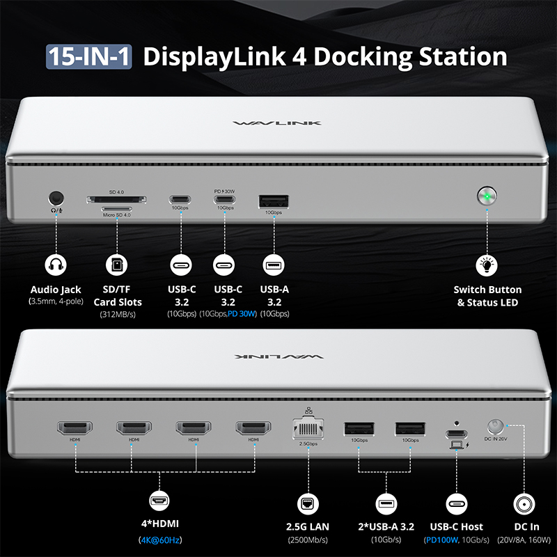 Universal 10G Quad 4K Docking Station with PD 100W Upstream Charging 2
